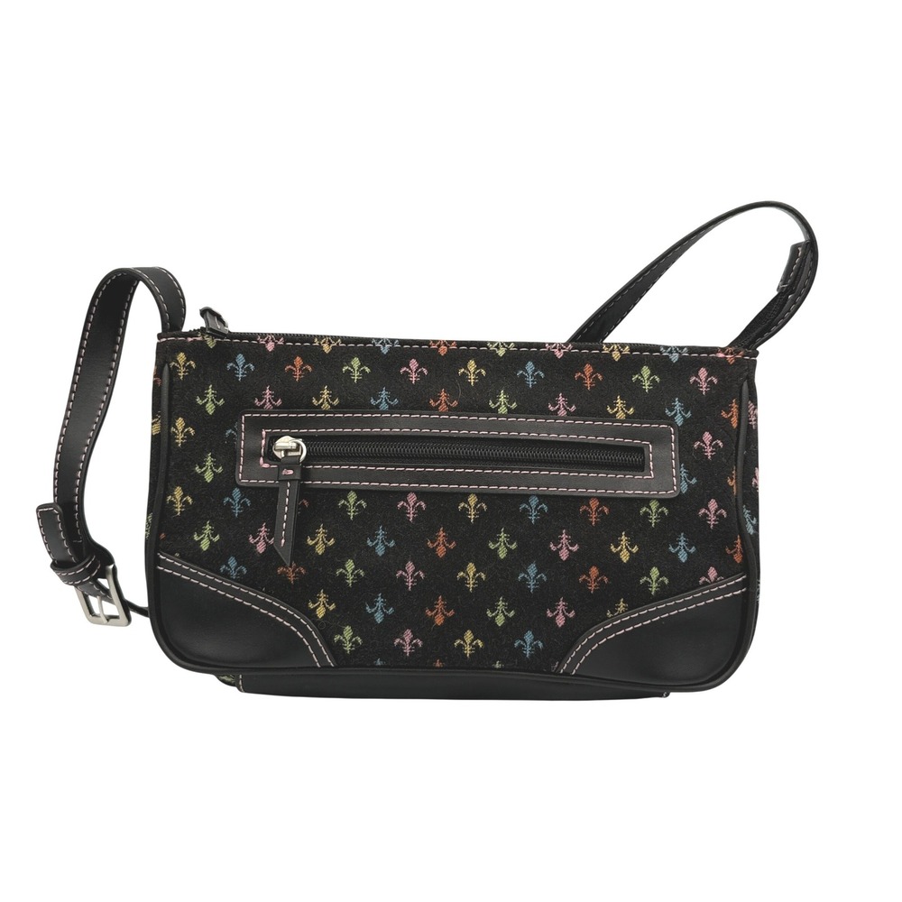Crazy Horse Shoulder Bag Womens Fleur De Lis Embroidered Small Black Canvas Y2K